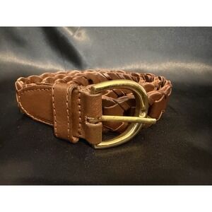 Vintage 80s 90s Capezio Genuine Leather Chain Link Braid Brown Belt Brass S
